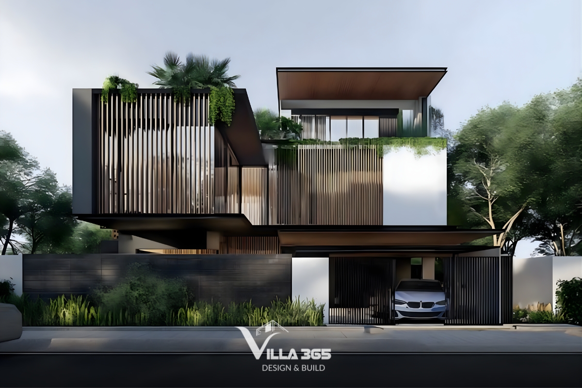 Phong cách biệt thự hiện đại dùng hình khối đơn giản, đường nét tinh gọn, vật liệu kính-bê tông-kim loại, bố trí linh hoạt