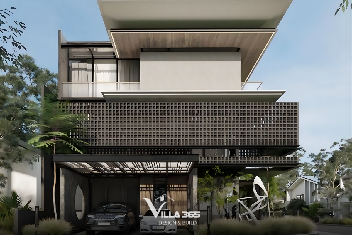 Biệt thự hiện đại phố tối ưu không gian theo chiều dọc với giếng trời và khoảng đua, kết hợp mặt tiền ấn tượng