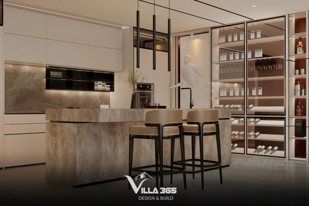 Tủ rượu khung mảnh và đèn thả trần hình học tạo điểm nhấn thị giác thú vị