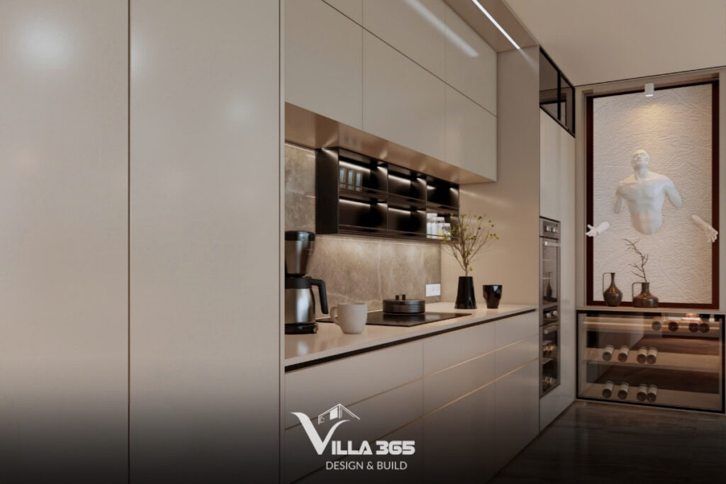 Căn bếp được trang bị đầy đủ tiện nghi hiện đại, đáp ứng mọi nhu cầu nấu nướng và sinh hoạt