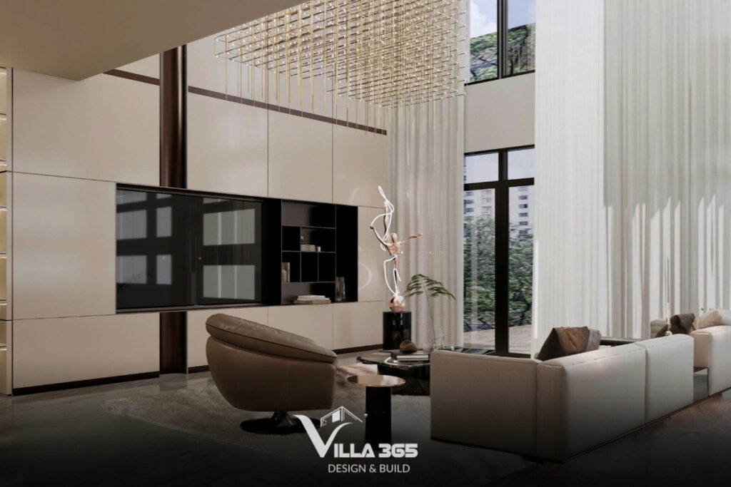 Phòng khách trang bị sofa êm ái với tông kem, đối diện là hệ tủ tivi tích hợp gọn gàng