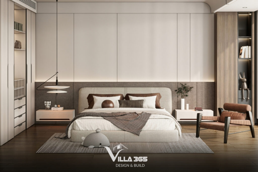 Phòng ngủ phụ lấy tông màu trung tính chủ đạo, ăn nhập với ngôn ngữ thiết kế tổng thể