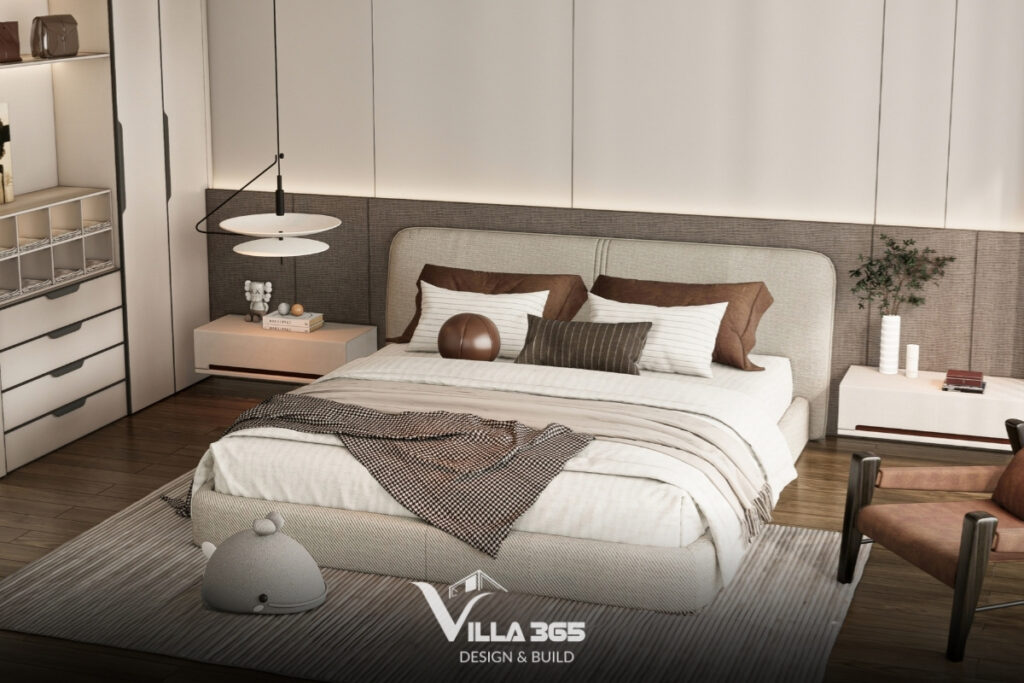 Phòng ngủ phụ lấy tông màu trung tính chủ đạo, ăn nhập với ngôn ngữ thiết kế tổng thể