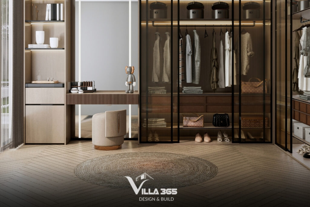 Hệ tủ kính mờ mang lại cảm giác kín đáo vừa đủ, góp phần tạo chiều sâu cho không gian