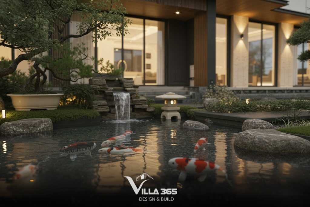 Hồ cá Koi là điểm nhấn của “ốc đảo xanh”, tạo khoảng nghỉ tĩnh lặng cho khu vườn