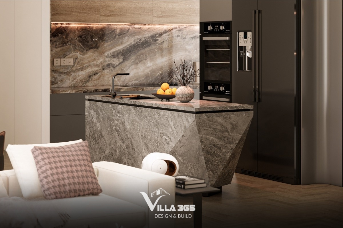 Bảng màu trung tính (trắng, xám, be, nâu gỗ, đen) tạo cảm giác rộng rãi, điểm nhấn màu sắc được sử dụng tiết chế