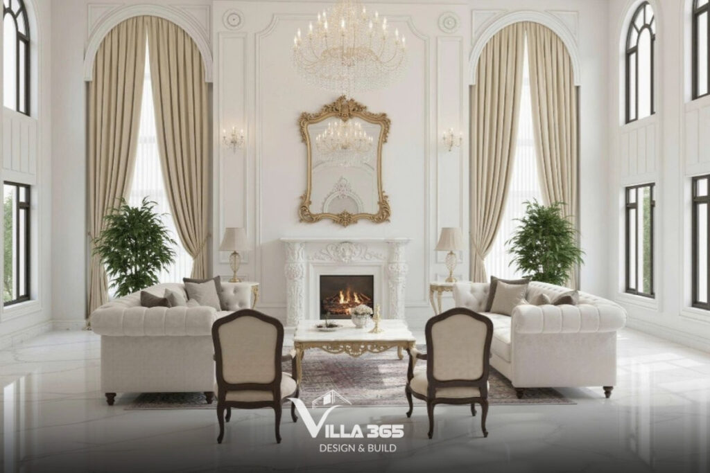 Bộ sofa kiểu Anh bọc vải kem bố trí đối xứng, tạo sự cân bằng và trật tự thẩm mỹ