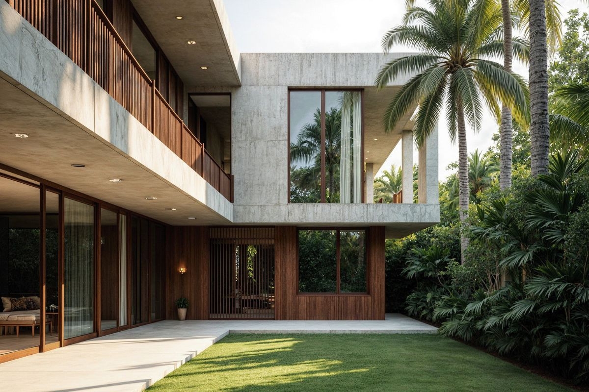 Thay vì đóng kín cửa sổ hay dùng rèm dày, biệt thự Tropical ưu tiên giải pháp kiến trúc như mái hiên sâu, mành chắn nắng và cây xanh làm bóng mát (Ảnh: Sưu tầm)