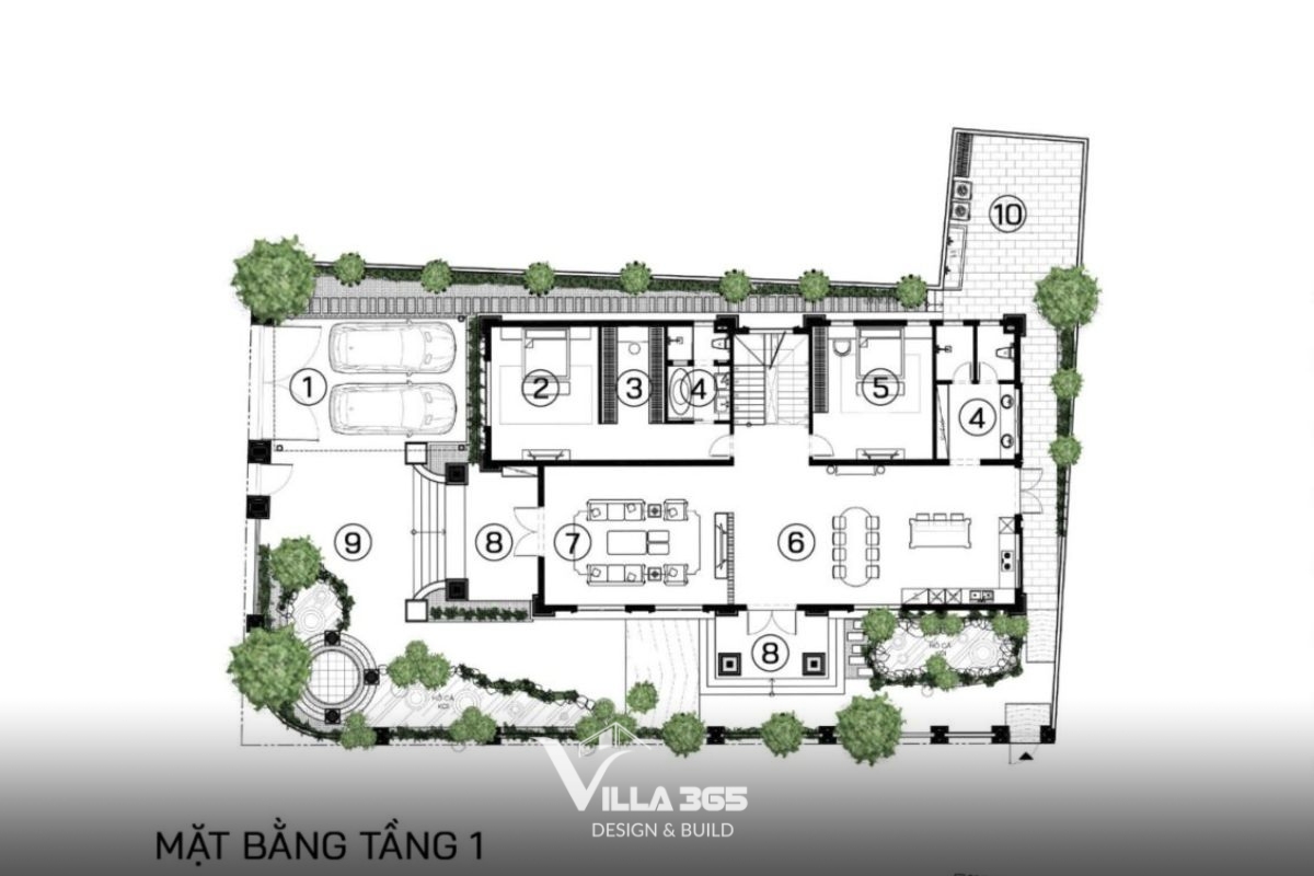 Tầng 1 trong bản vẽ biệt thự tân cổ điển 2 mặt tiền được bố trí thông thoáng, mặt tiền phụ linh hoạt chuyển đổi giữa gara, lối đi riêng hoặc mặt bằng kinh doanh tùy nhu cầu gia chủ