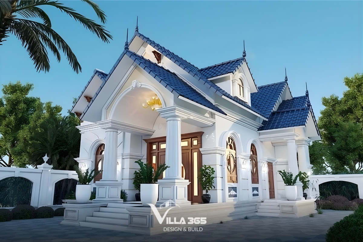 Mẫu thiết kế biệt thự tân cổ điển mái Thái nhiều lớp trải rộng trên tổng thể 1 tầng tạo ra tỷ lệ hình khối đồ sộ và hoành tráng 