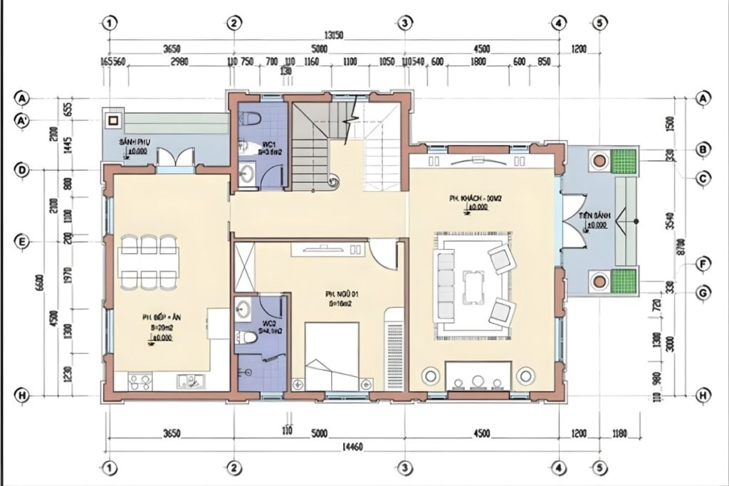 Tầng 1 trong bản vẽ biệt thự tân cổ điển 2 tầng 1 tum cần được thiết kế để đồng thời đảm bảo sự khang trang trong tiếp đón khách và sự thuận tiện trong sinh hoạt hàng ngày của cả gia đình