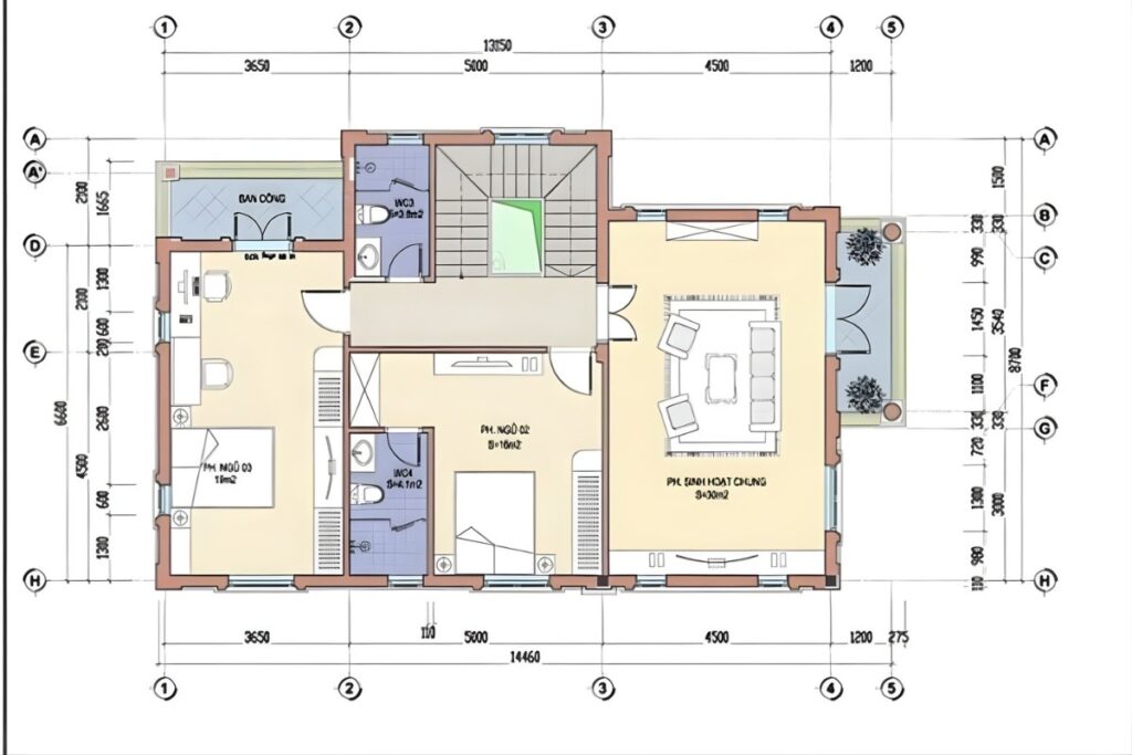 Bản vẽ biệt thự tân cổ điển 2 tầng 1 tum ở tầng 2 được thiết kế tối ưu để mỗi thành viên trong gia đình đều có không gian nghỉ ngơi riêng tư, yên tĩnh và đầy đủ tiện nghi