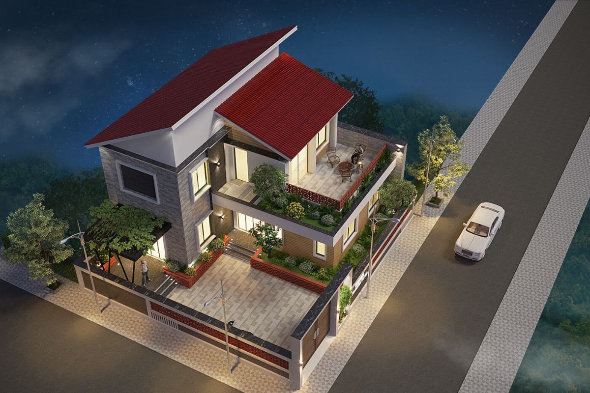 35+ mẫu biệt thự hiện đại 2 mặt tiền đẹp, bản vẽ & kinh nghiệm thiết kế 2026 24 Mẫu biệt thự hiện đại 2 mặt tiền mái lệch với hình khối phá cách, hệ mái tạo điểm nhấn mạnh mẽ ( Ảnh: Sưu tầm )