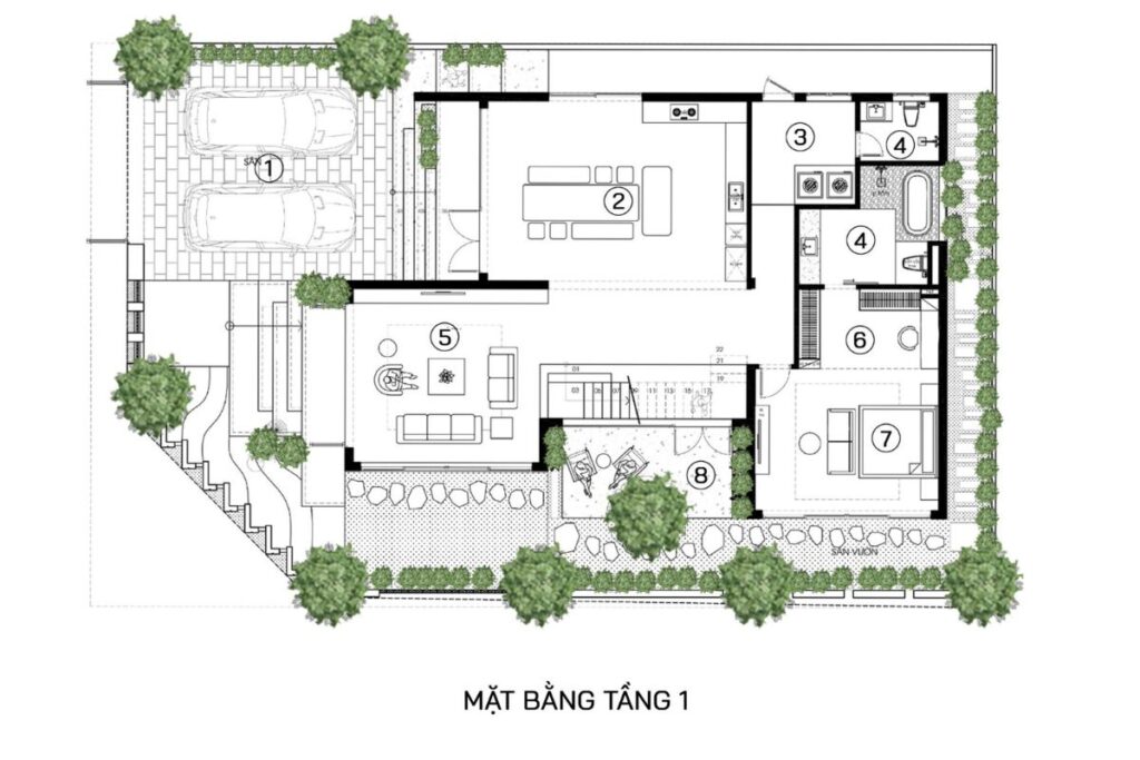 Tầng 1 là trung tâm sinh hoạt chung của cả nhà với phòng khách - bếp tạo không gian giao tiếp cởi mở, kết hợp 1 phòng ngủ nhỏ tiện lợi cho ông bà hoặc khách lưu trú.