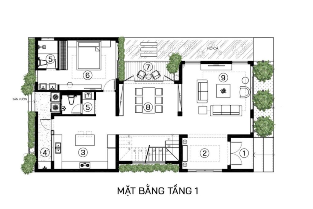 Tầng 1 trong mặt bằng biệt thự 2 tầng 4 phòng ngủ với phòng khách, bếp ăn và phòng ngủ dành cho ông bà hoặc người giúp việc được phân vùng rõ ràng.