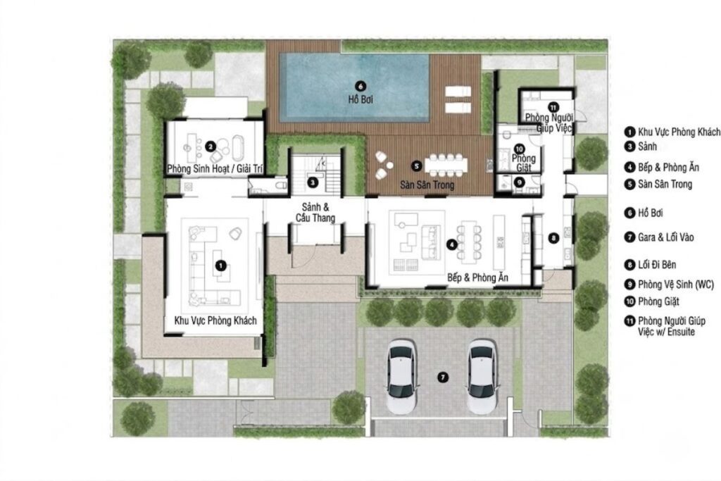 Mặt bằng biệt thự 3 tầng tầng 1 được bố trí thông thoáng, đón khách và kết nối gia đình một cách tự nhiên nhất.