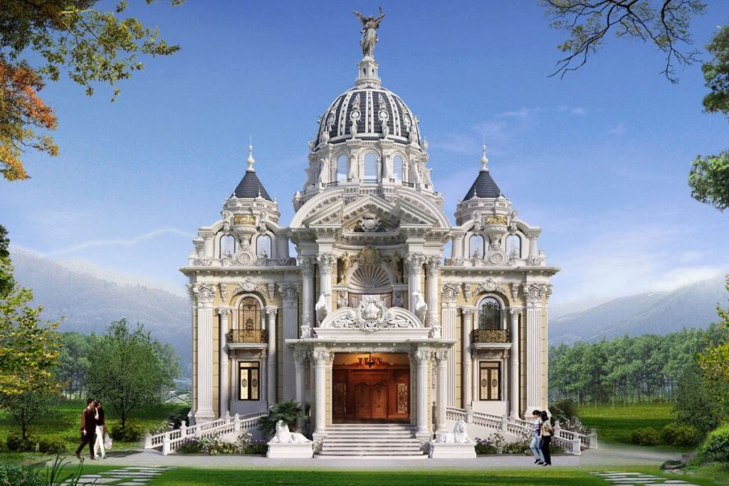 Thiết kế biệt thự cổ điển Pháp sở hữu cấu trúc mái ấn tượng, giúp công trình trở nên cao ráo và bề thế