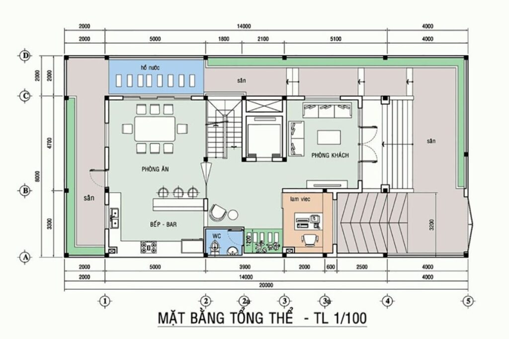 Mặt bằng tầng 1 của biệt thự cổ điển Pháp bố trí phòng khách, phòng bếp và phòng ăn rộng thoáng