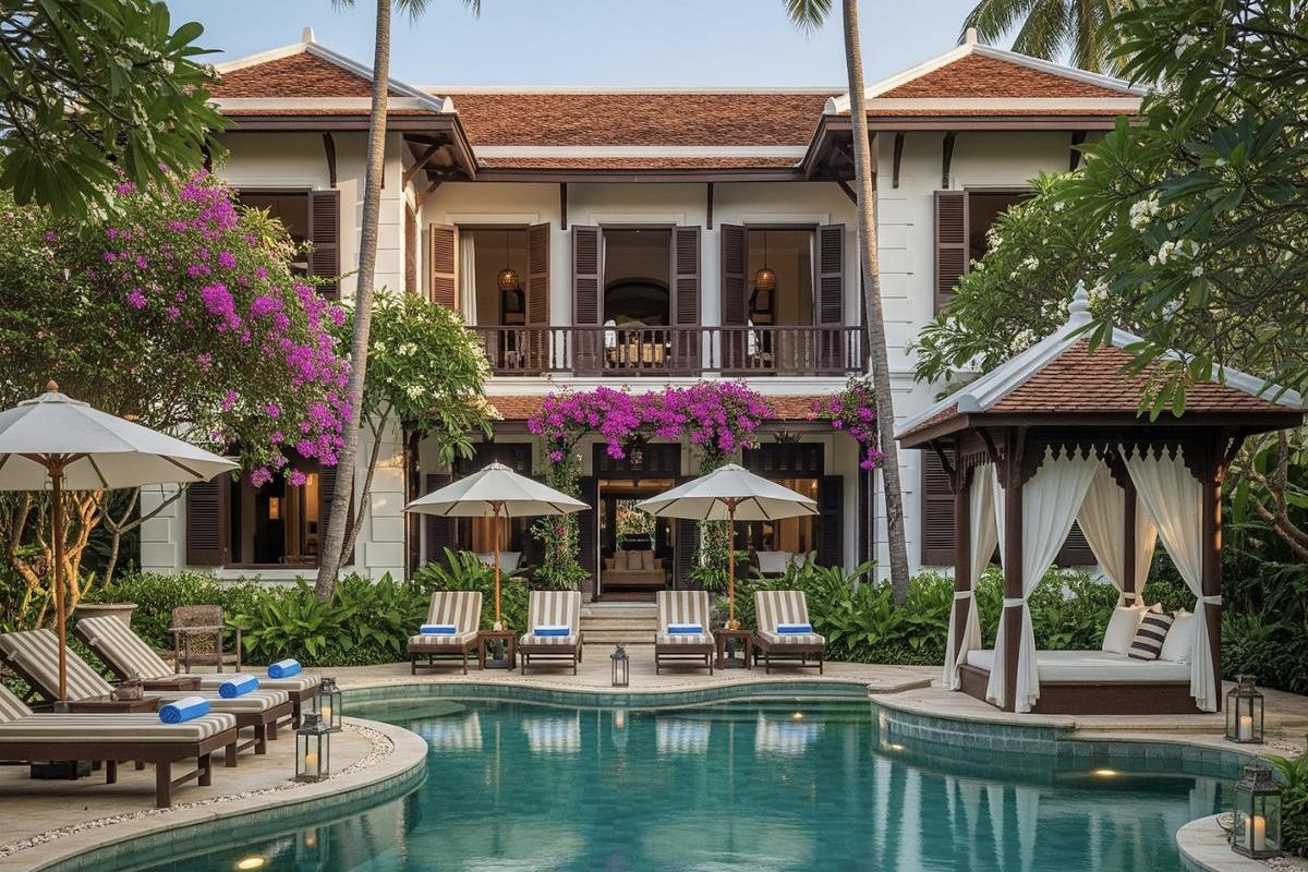 30+ Mẫu biệt thự Indochine đẹp nhất 2026 (kèm mặt bằng & chi phí thực tế) 29 Hồ bơi kết hợp sân vườn giúp cân bằng nét hoài cổ của kiến trúc Đông Dương với không gian sống hiện đại ( Ảnh: Sưu tầm )