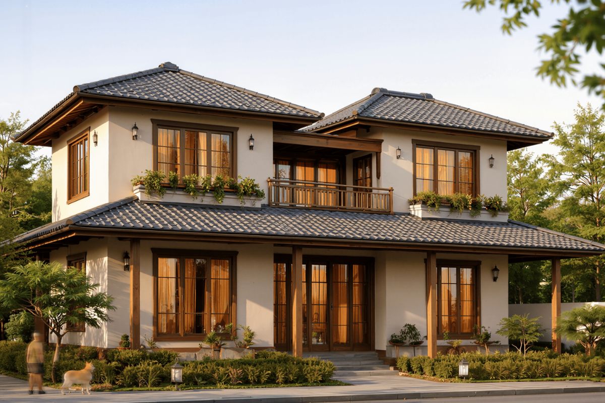 Biệt thự mái Nhật 2 tầng nổi bật với mái dốc nhẹ tạo vẻ thanh thoát (Ảnh: Sưu tầm)