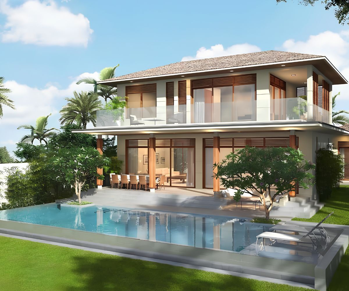 Hồ bơi là điểm nhấn của biệt thự mái Nhật 2 tầng (Ảnh: Sưu tầm)