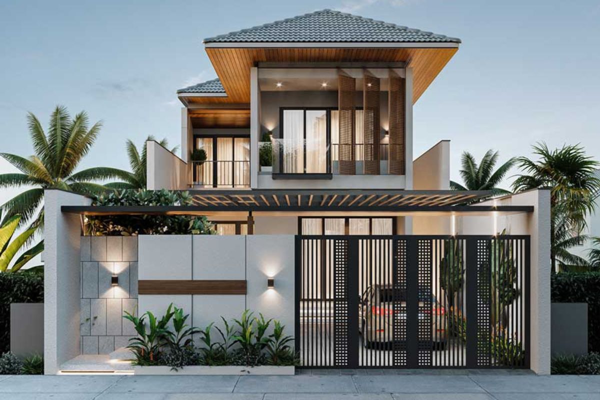 Thiết kế biệt thự 2 tầng mái Nhật chữ L giúp tối ưu diện tích (Ảnh: Sưu tầm)