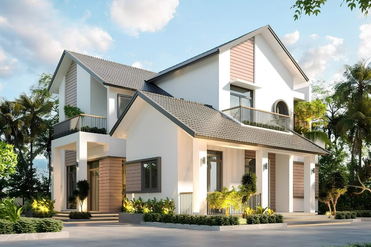 Mẫu biệt thự 2 tầng mái thái hiện đại đẹp nhất 2026 ghi dấu ấn bằng hình khối thanh thoát, mái dốc cao ráo và tỷ lệ kiến trúc chuẩn mực (Ảnh: Sưu tầm)