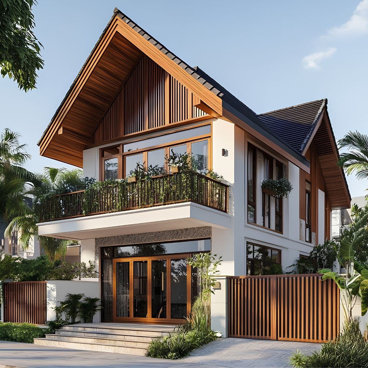 Biệt thự 2 tầng mái thái hiện đại nổi bật với khả năng chống nóng, thoát nước tối ưu cho khí hậu Việt Nam (Ảnh: Sưu tầm)