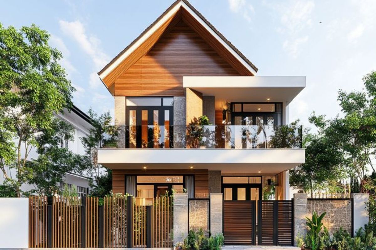 Mẫu biệt thự 2 tầng mái thái hiện đại phong cách tối giản đề cao hình khối và ánh sáng tự nhiên (Ảnh: Sưu tầm)
