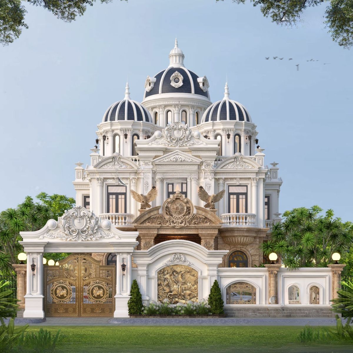 Bố cục đối xứng tạo nên đẳng cấp cho biệt thự 3 tầng cổ điển (Ảnh: Sưu tầm)