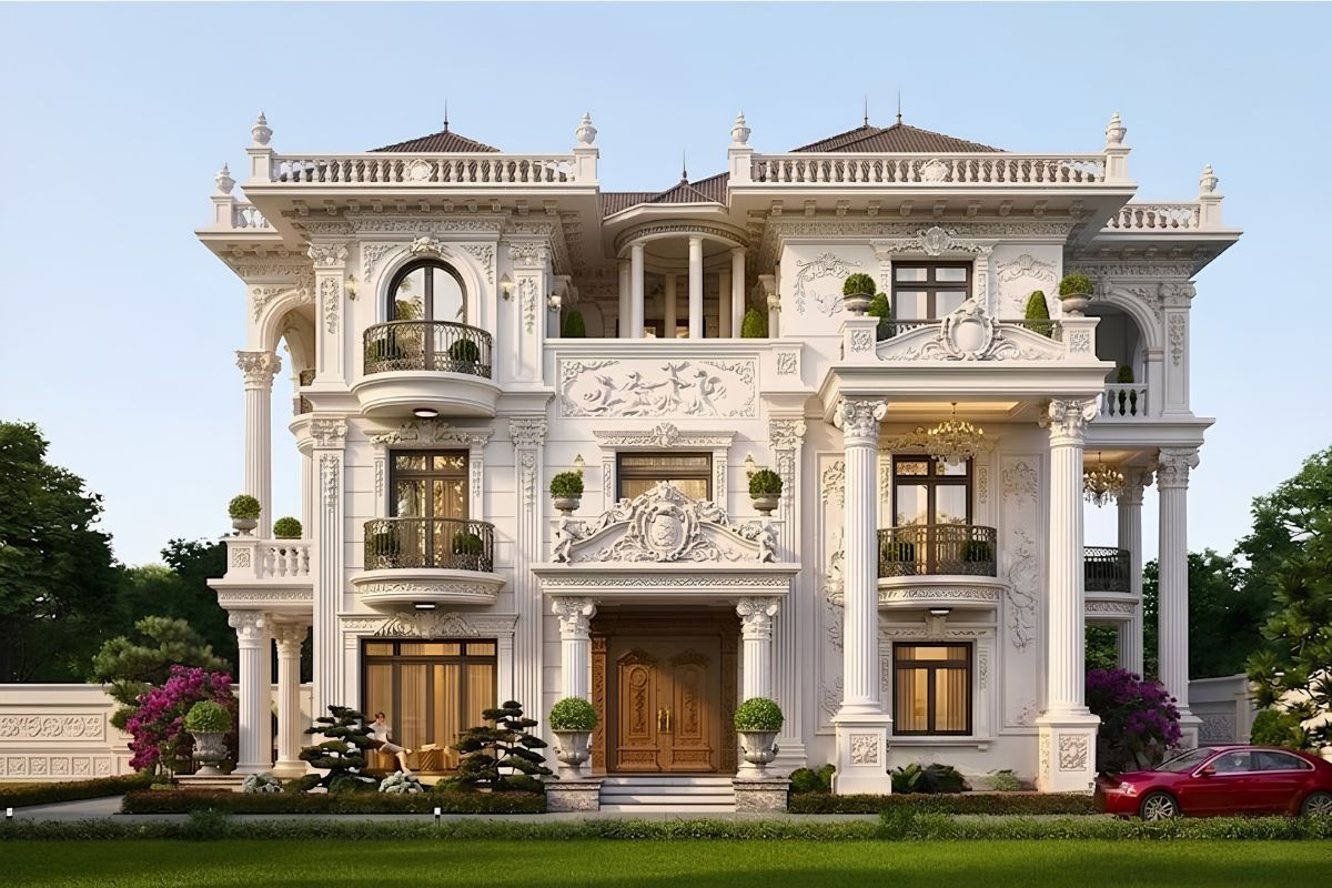 Tăng nhận diện với màu mái nổi bật của mẫu biệt thự 3 tầng cổ điển đẹp (Ảnh: Sưu tầm)