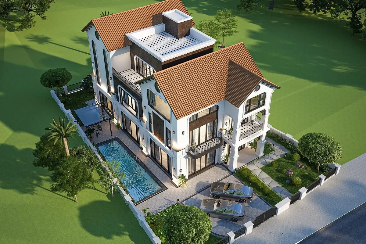 Hồ bơi trở thành điểm nhấn ngoại thất của nhà Indochine đẹp (Ảnh: Sưu tầm)