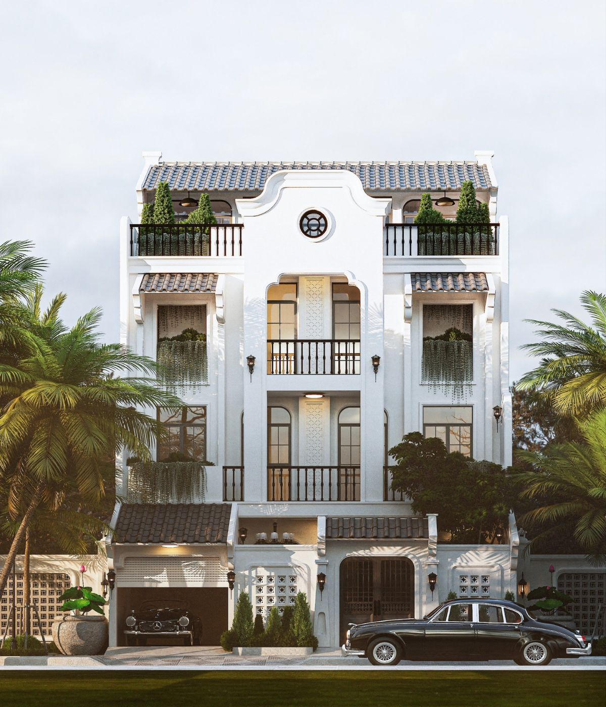 Ngoại thất giữ gam màu trung tính của thiết kế biệt thự Indochine (Ảnh: Sưu tầm)