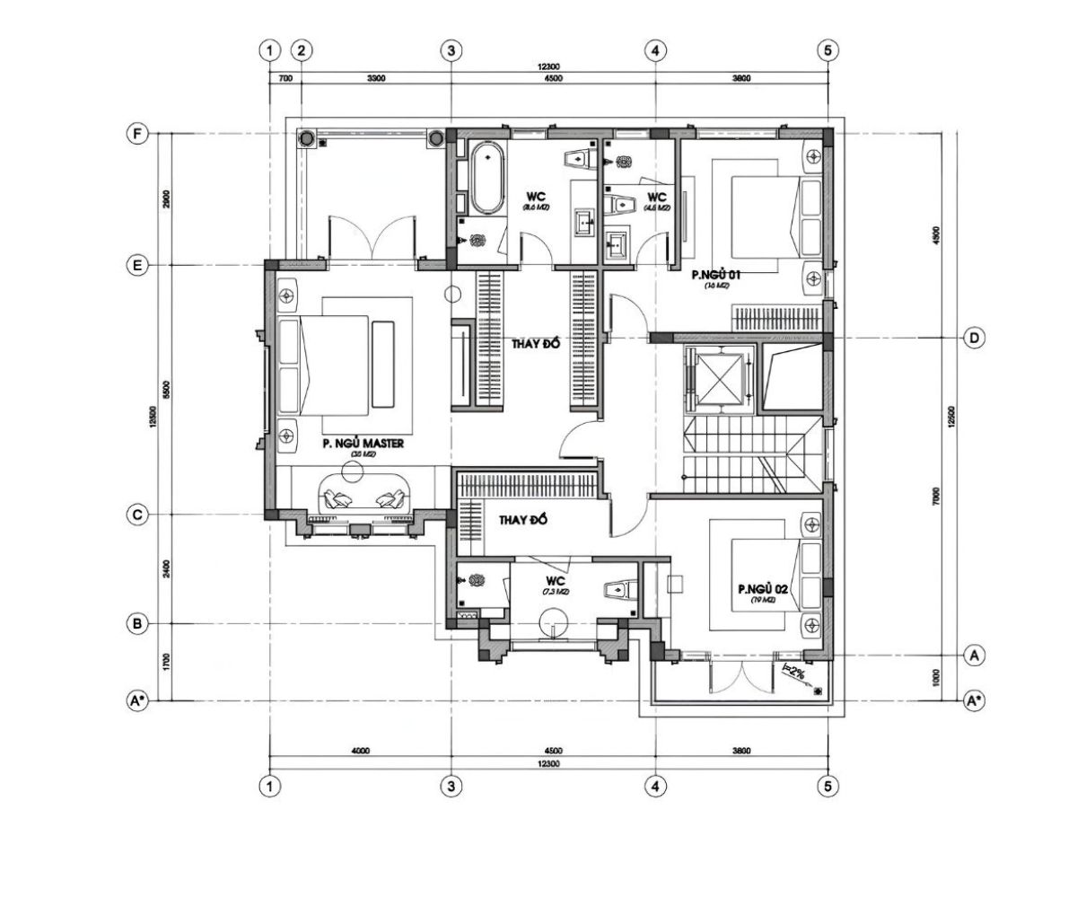 Mặt bằng tầng 2 trong thiết kế biệt thự Indochine đảm bảo sự riêng tư và tiện nghi (Ảnh: Sưu tầm)