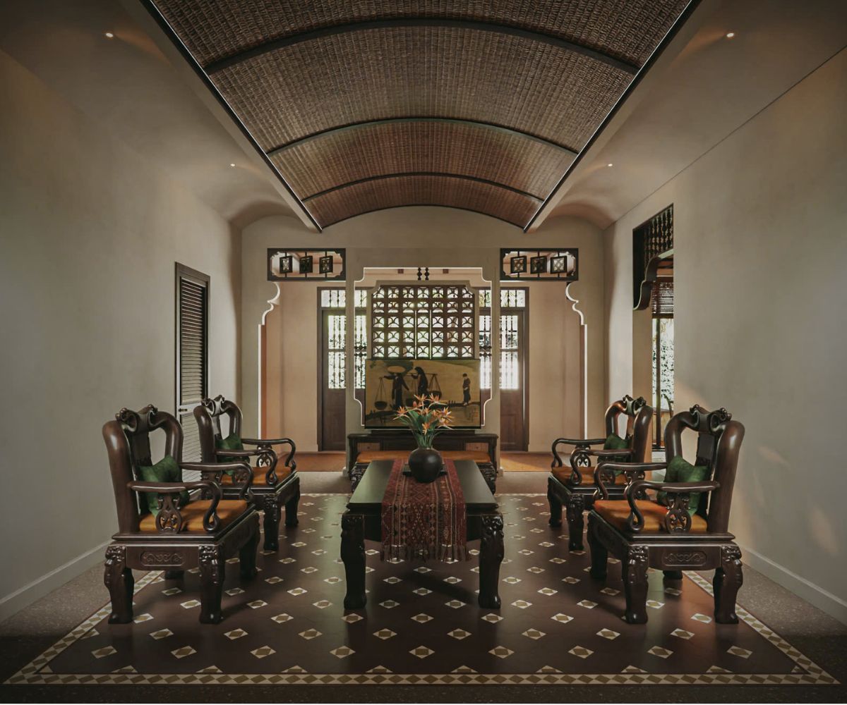 Biệt thự Đông Dương nổi bật với gam màu trầm ấm và họa tiết truyền thống tinh tế (Ảnh: Sưu tầm)