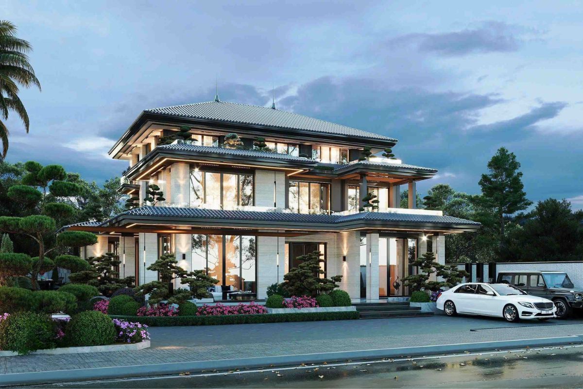 Ngoại thất nhà mái Nhật 3 tầng ưu tiên ban công rộng và cửa kính lớn (Ảnh: Sưu tầm)