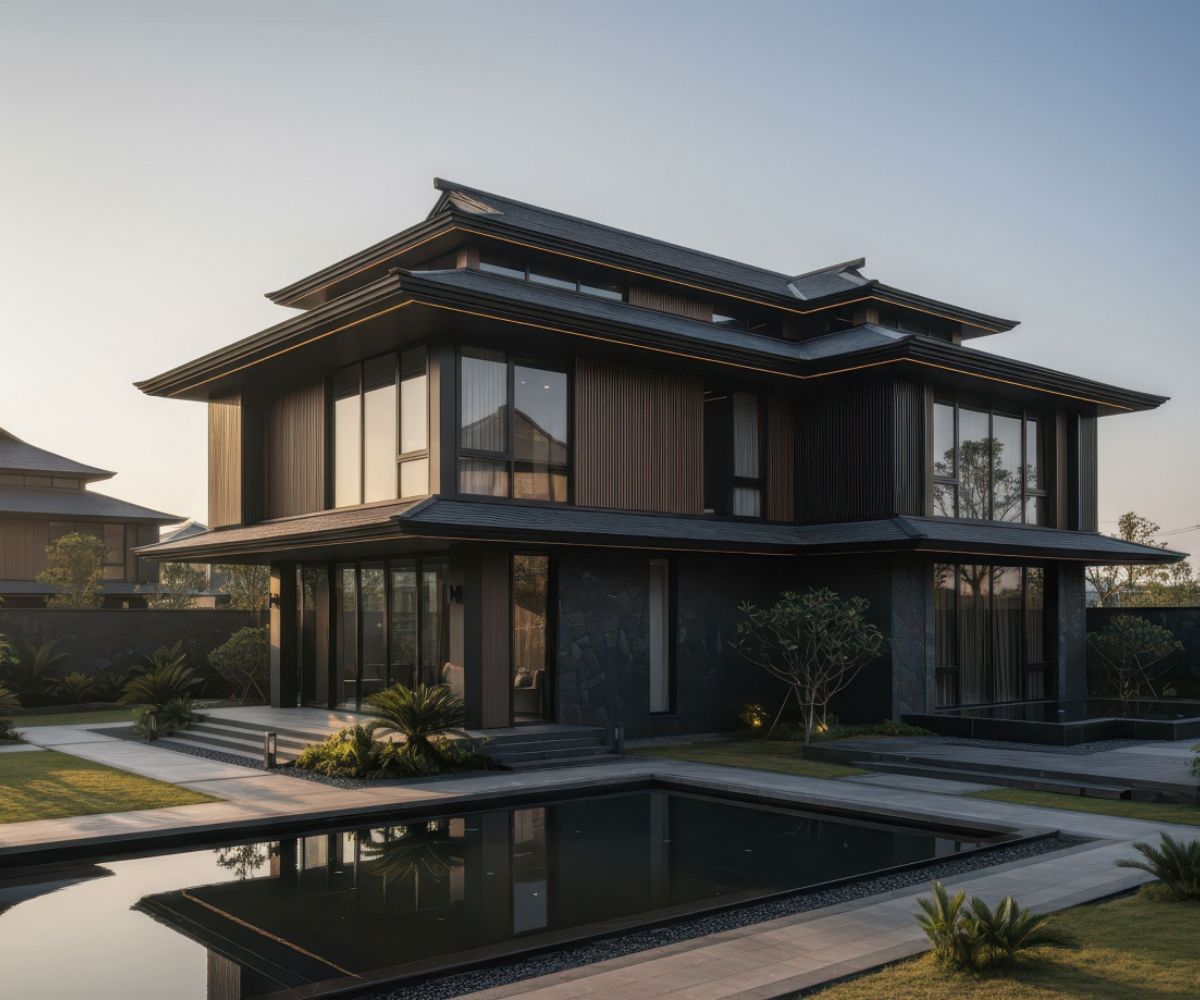 Các mảng tường phẳng tạo nên diện mạo mạnh mẽ cho biệt thự mái Nhật đẹp (Ảnh: Sưu tầm)