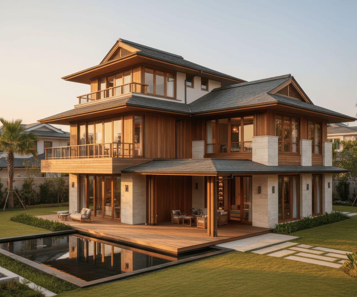 Sân vườn xanh giúp biệt thự mái Nhật đẹp trở nên sinh động hơn (Ảnh: Sưu tầm)