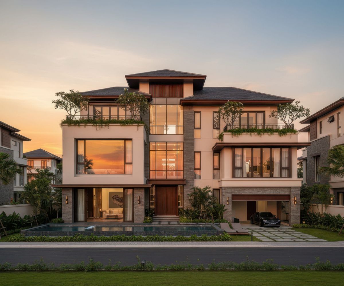 Biệt thự 3 tầng mái Nhật có gara đáp ứng nhu cầu sống hiện đại (Ảnh: Sưu tầm)