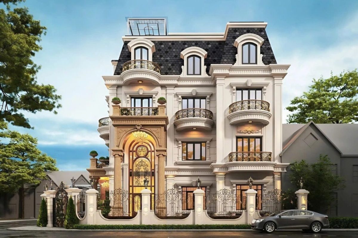Mái Mansard, gam màu trắng sứ và lan can sắt nghệ thuật là bộ ba ngôn ngữ thị giác định hình bản sắc của biệt thự 4 tầng tân cổ điển (Ảnh: Sưu tầm)