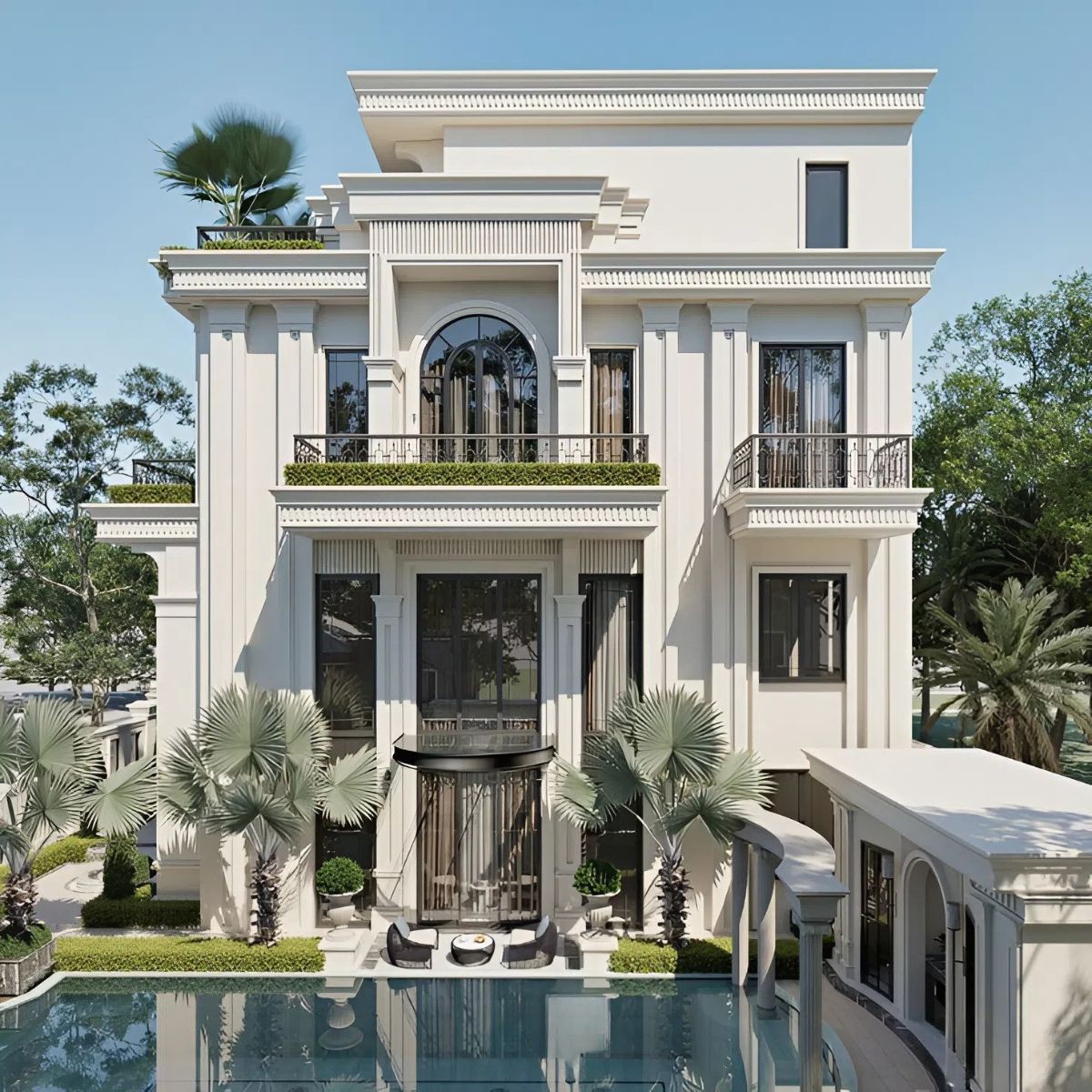 Biệt thự 4 tầng tân cổ điển tích hợp gara và tiểu cảnh xanh là minh chứng rằng công năng và thẩm mỹ hoàn toàn có thể song hành (Ảnh: Sưu tầm)