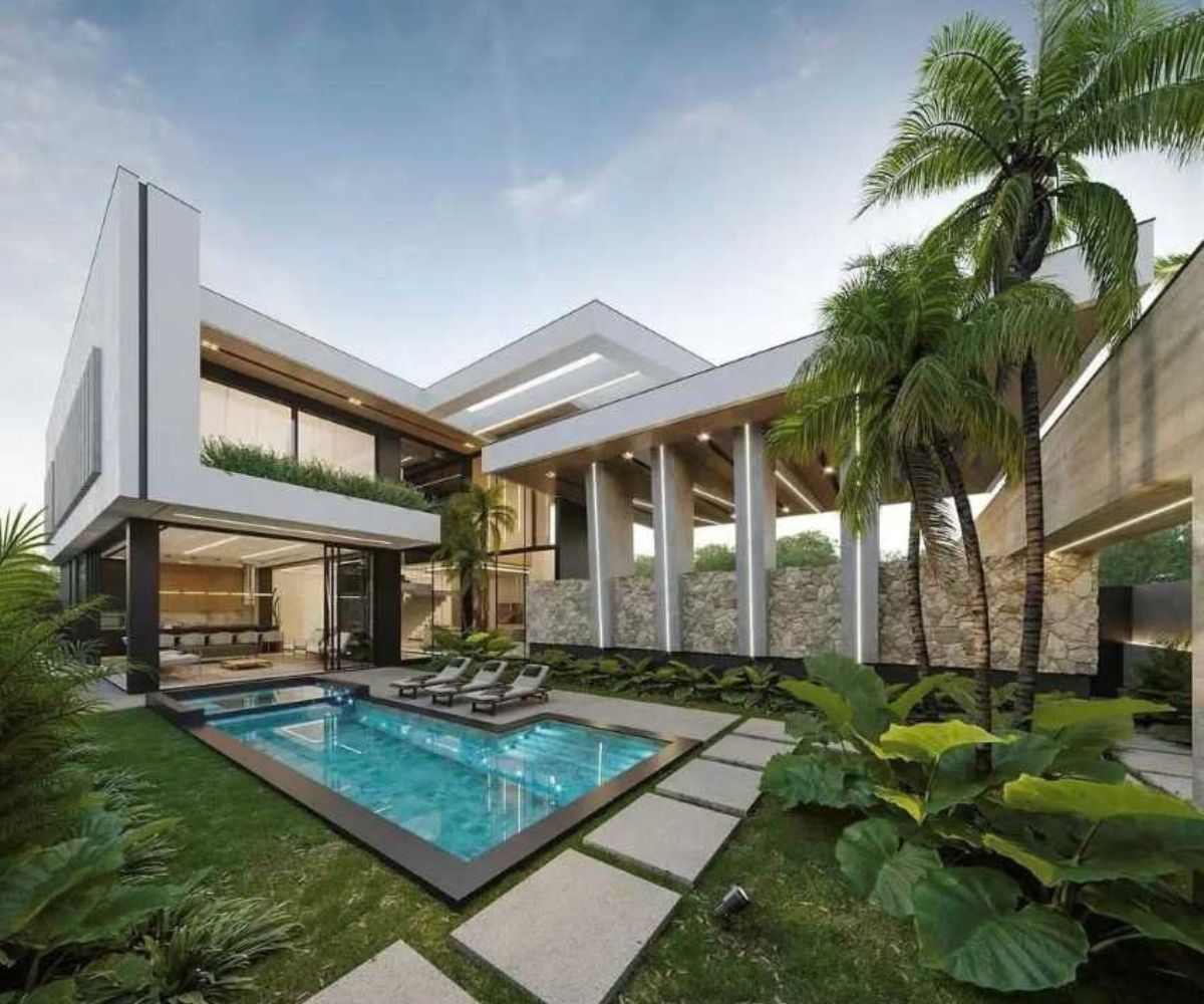 Mẫu nhà chữ L 2 tầng đẹp tận dụng lối dạo xanh, tăng trải nghiệm sống gần gũi thiên nhiên  (Ảnh: Sưu tầm)