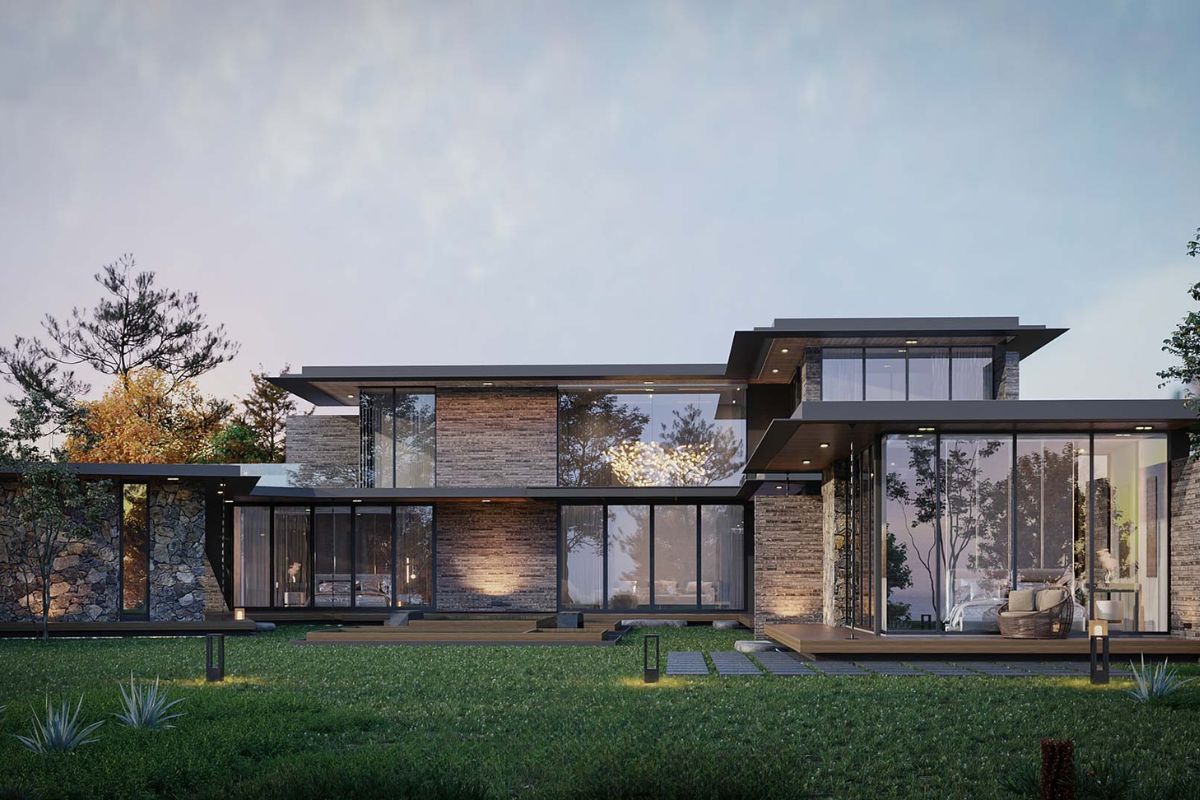 Biệt thự 2 tầng chữ L hiện đại tích hợp giếng trời giúp lấy sáng và thông gió tối ưu  (Ảnh: Sưu tầm)