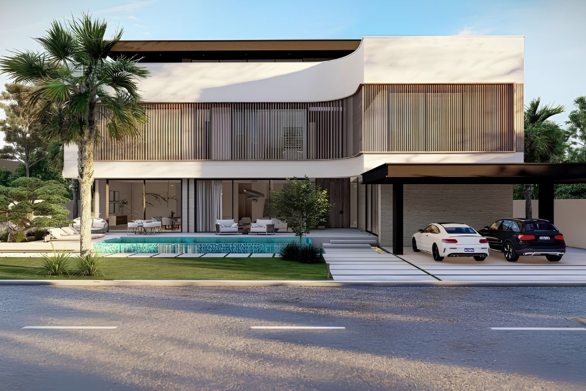 Thiết kế nhà chữ L hiện đại với gara mở tạo sự thông thoáng và linh hoạt  (Ảnh: Sưu tầm)