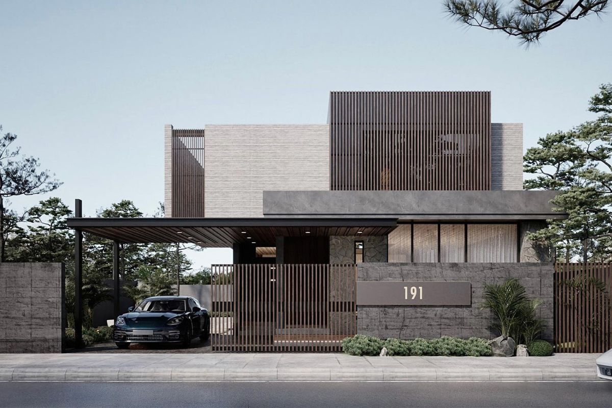 Biệt thự 2 tầng chữ L hiện đại bố trí gara liền nhà vô cùng tiện dụng  (Ảnh: Sưu tầm)