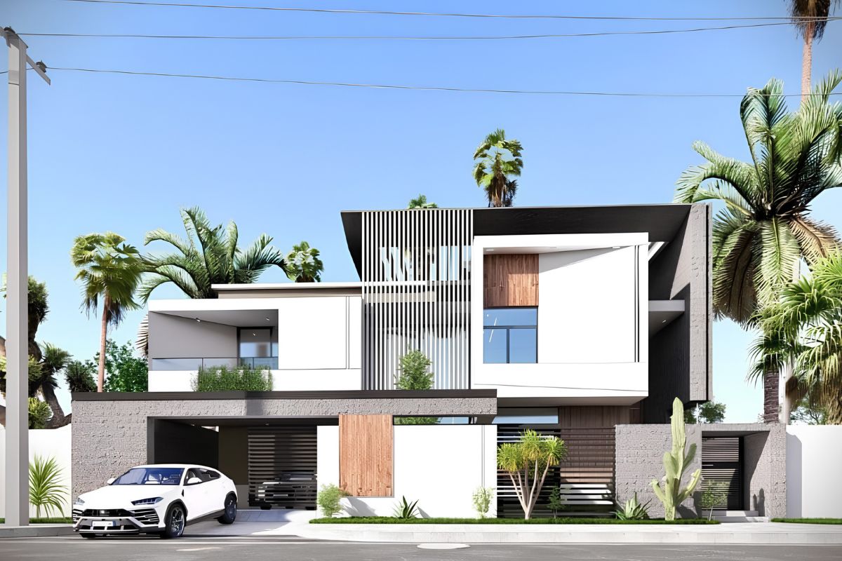 Mẫu biệt thự chữ L 2 tầng đẹp với hình khối mạnh mẽ, tinh tế   (Ảnh: Sưu tầm)