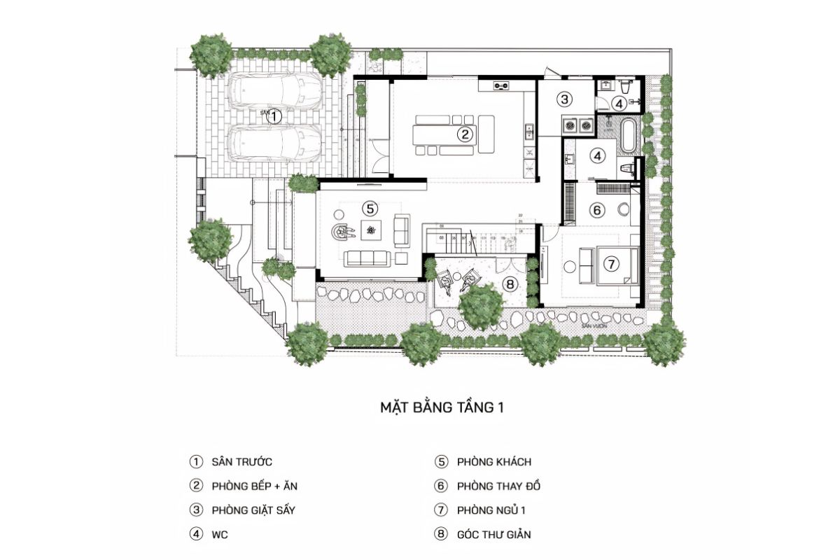 Biệt thự 2 tầng chữ L hiện đại tầng 1 bố trí khoa học, tối ưu di chuyển và công năng  (Ảnh: Sưu tầm)