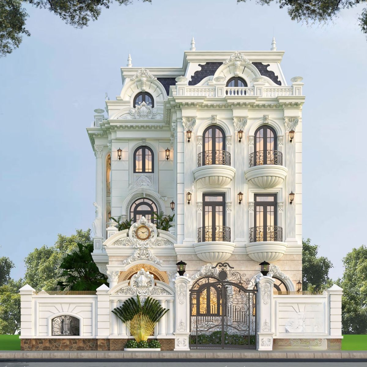 Vẻ đẹp đối xứng chuẩn mực tạo nên diện mạo sang trọng và đầy tính nghệ thuật cho biệt thự cổ điển kiểu Pháp (Ảnh: Sưu tầm)