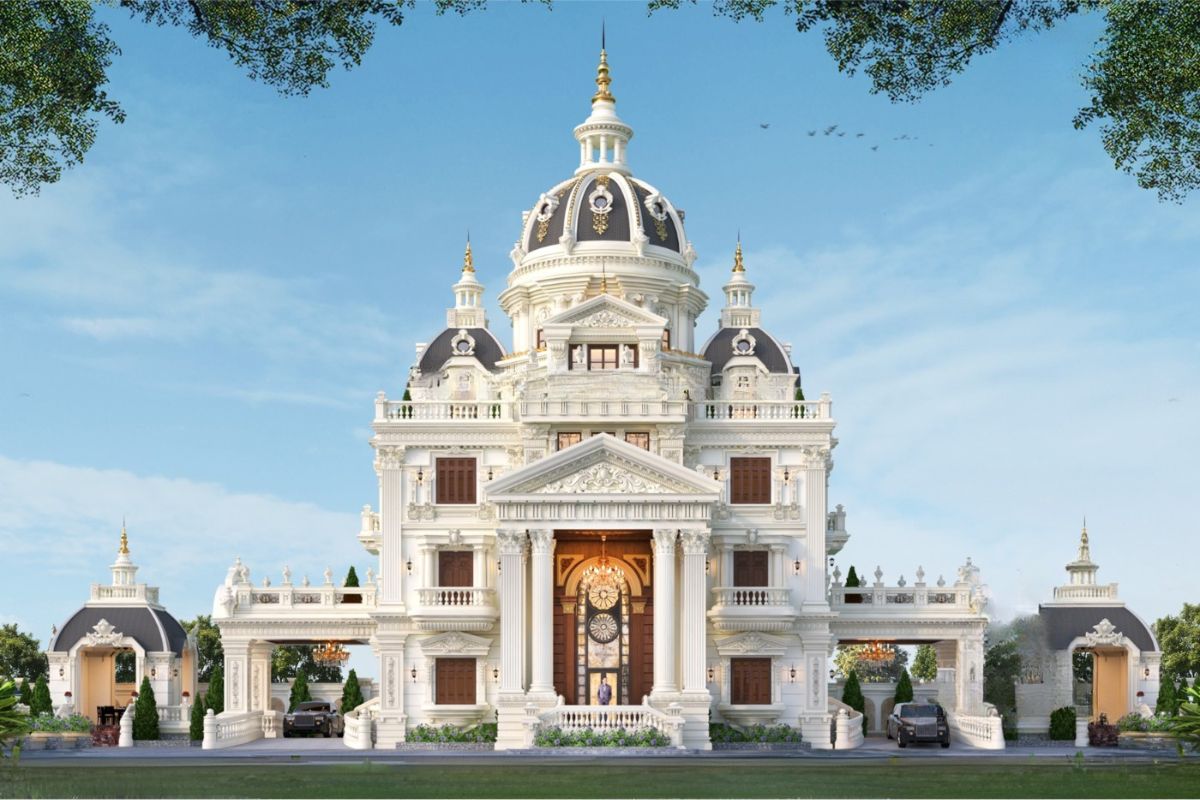 Bố cục mặt tiền giật cấp kết hợp tháp cao tạo nên vẻ đẹp uy nghi và đầy quyền lực cho biệt thự lâu đài (Ảnh: Sưu tầm)