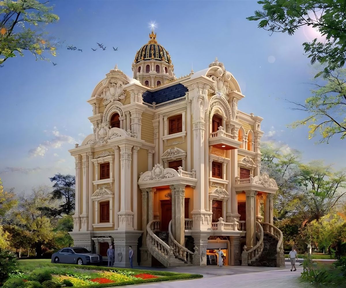 Tỷ lệ đối xứng và chi tiết phào chỉ tinh xảo tạo nên đẳng cấp cho thiết kế biệt thự cổ điển 4 tầng (Ảnh: Sưu tầm)